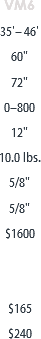 VM6
35'– 46'
60"
72"
0–800
12"
10.0 lbs.
5/8"
5/8"
$1600 $165
$240
