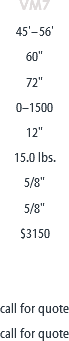 VM7
45'– 56'
60"
72"
0–1500
12"
15.0 lbs.
5/8"
5/8"
$3150 call for quote
call for quote
